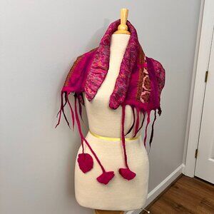 Pomegranate Moon Sari Felted Collage-Pink Artsy Scarf